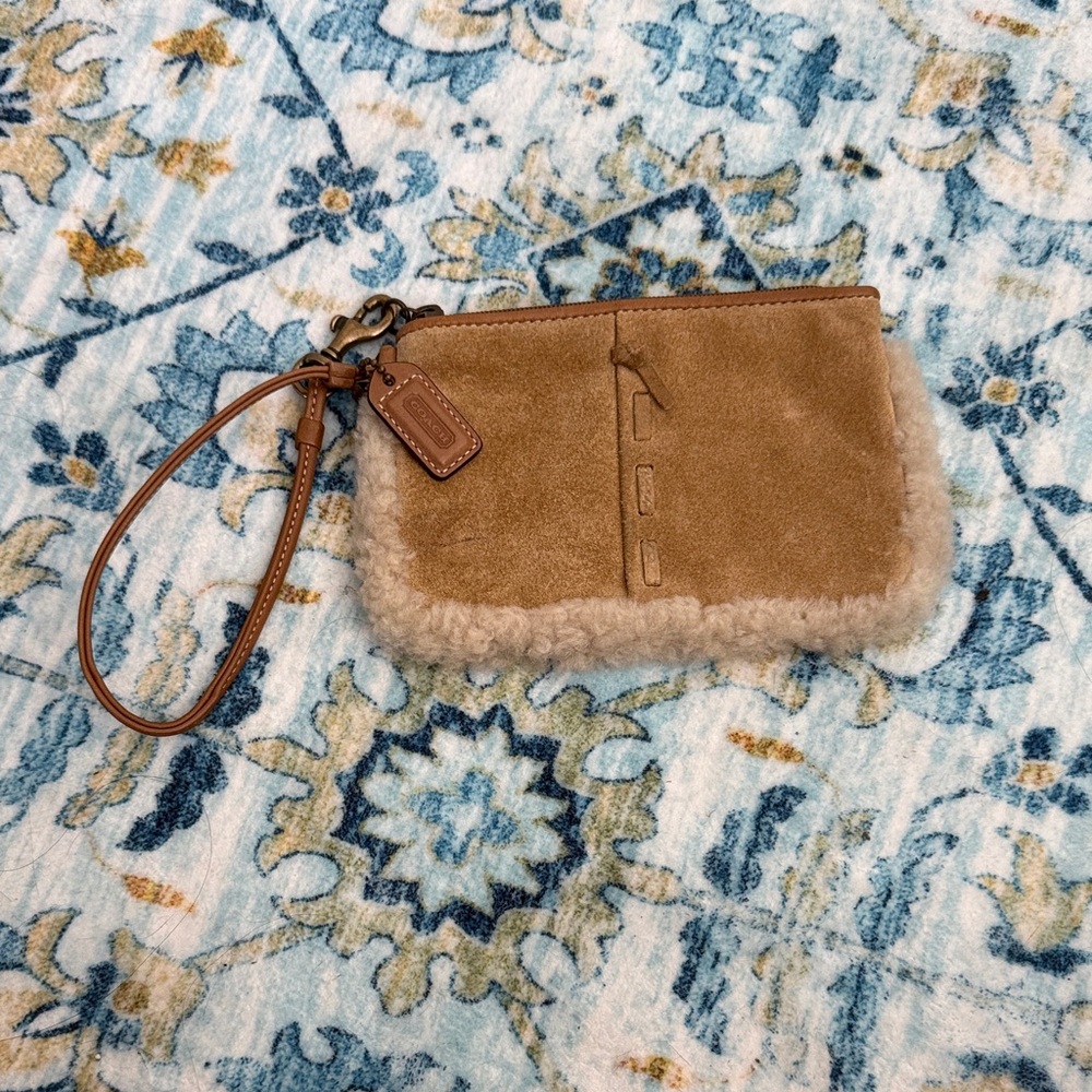 Coach Tan Suede Wristlet with Shearling Accent